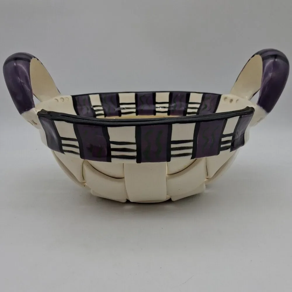 Rina Peleg Signed Pottery Basket Bowl-Hand Decorated Riveted Design 11 3/8